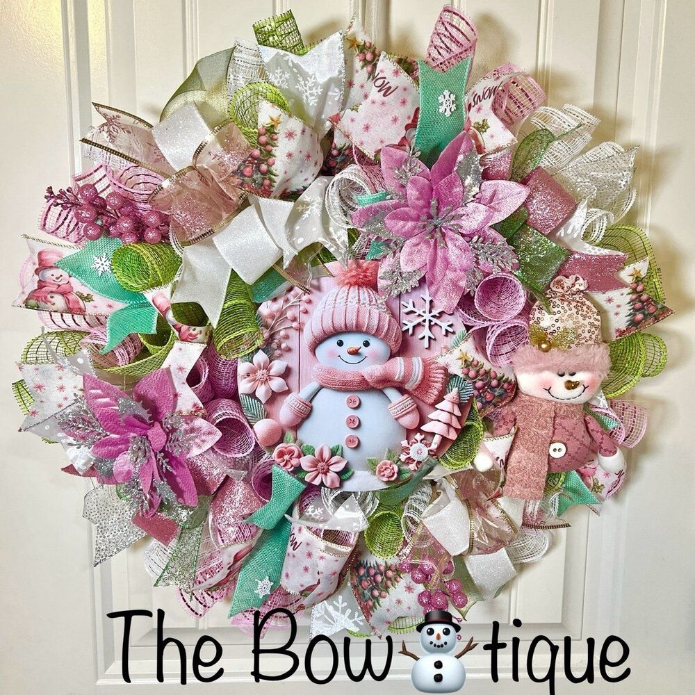 Handmade Pink Winter Snowman Holiday Ribbon Door Wreath 22 ins W81
